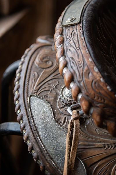 Hopkins, Cindy Miller 아티스트의 USA-Colorado-Custer County-Westcliffe-Music Meadows Ranch Tack room Tooled leather western saddle작품입니다.